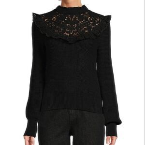 Antonio Melani x Jennifer Sumko Ruffle Lace Mock Neck Long Sleeve Black Sweater